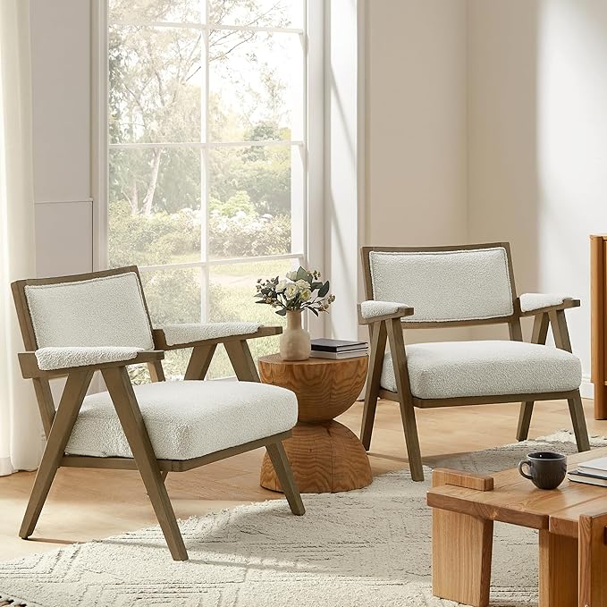 Art Leon Mid Century Modern Living Room Chair - Faux Shearling Upholstered Accent Chair Set of 2 with Solid Wood Frame 265lb Weight Capacity Comfortable Seating for Living Room Bedroom White