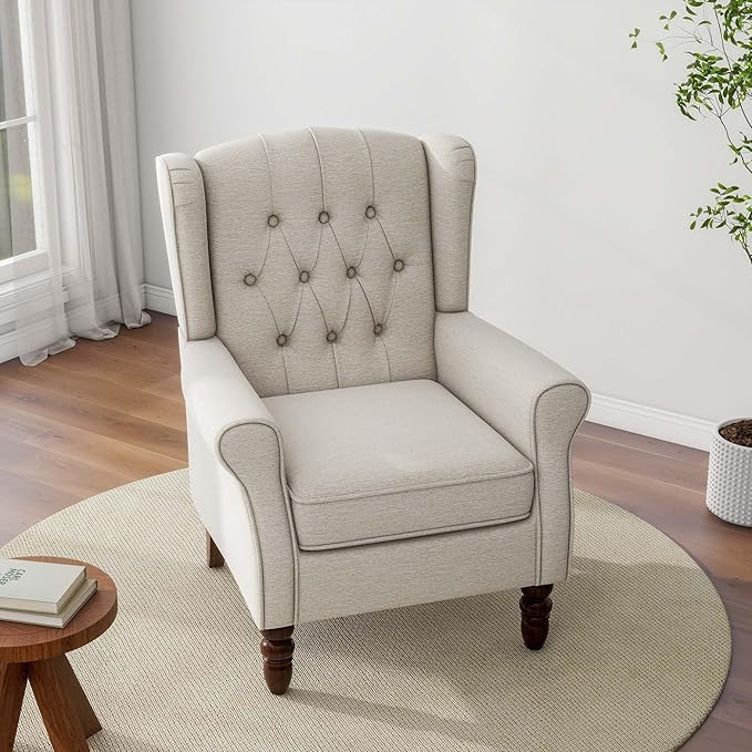 Accent Chair Upholstered Armchair with Button Tufted High Back &amp Solid Wood Legs Comfy Wingback Reading Single Sofa Chair for Small Spaces Living Room Bedroom (Beige Set of 2)