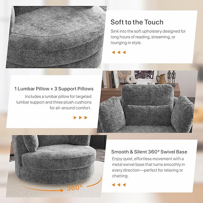 49.6''W Swivel Accent Barrel Chair Oversized Chenille Upholstered Round Single Couch Sofa with 4 Pillows for Living Room Apartment Bedroom (Gray).