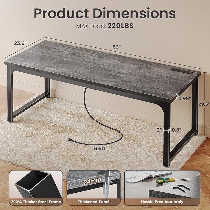 Huuger 63 x 24 inch Desk with Power Outlets &amp USB-C Deeper &amp Thicker Desktop Robust Metal Tubes Computer Desk Heavy Duty Office Desk Work Gaming Desk for Home Office Grey