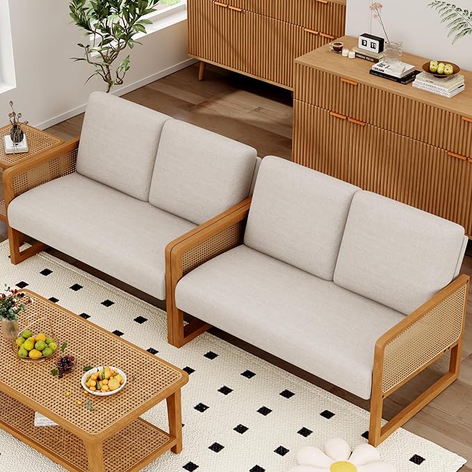 Alunaune Modern Loveseat Bench Couch with Natural Rattan Arm Upholstered Linen Small Love Seat Sofa 2-Seats Living Room Couch Settee Comfy Lounge Recliner Chair-Ivory