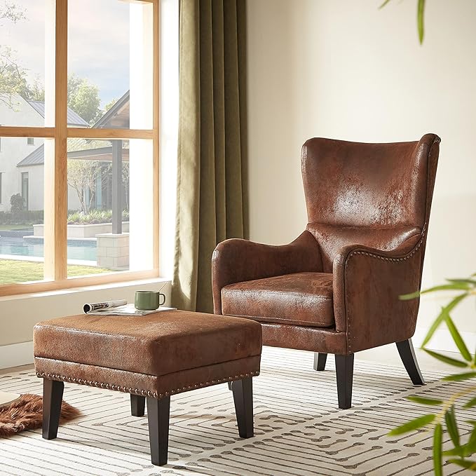 Mid-Century Modern Accent Chairs with Ottoman Footstool Set Wingback Club Chair with Footrest Set Nailhead Trim | Solid Wood | Vintage Distressed Including Chair and Ottoman