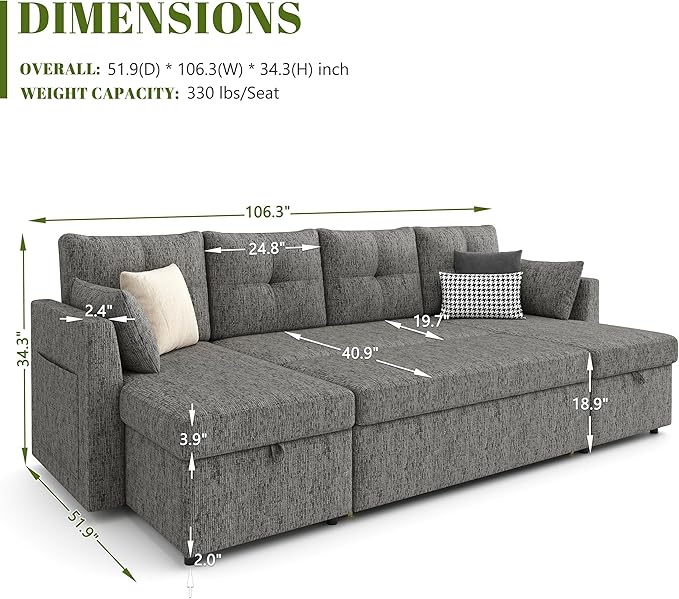 Oversized Sleeper Couch Sofa 110 inch 2 in 1 Pull Out Couch with Double Storage Chaise Sectional Sleeper Sofa Bed with Side Pocket for Living Room Dark Grey