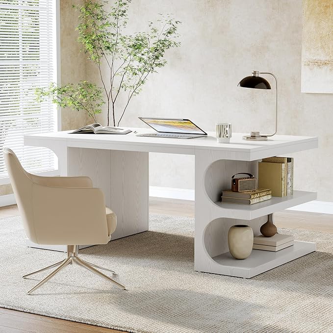 LITTLE TREE 62.2-Inch Executive Desk Modern Home Office Desks Office Table with Storage Shelves for Workspace Large Computer Desk Long Contemporary Writing Desk White