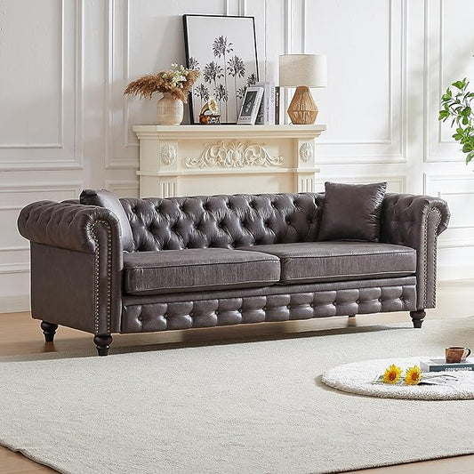 KEIKI Chesterfield Sofa Retro Tech Fabric 3 Seater Upholstered Couch with Rolled Arm for Living Room Bedroom Office Grey