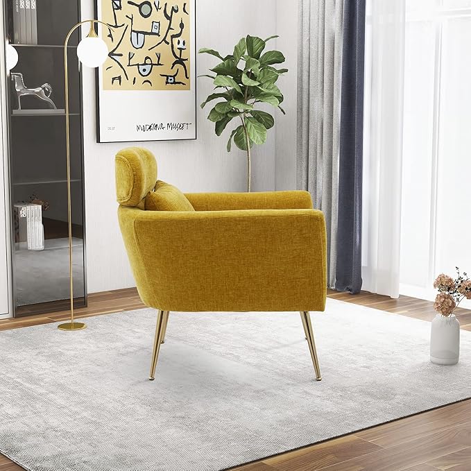 29.5 W Modern Chenille Accent Chair Armchair Upholstered Reading Chair Single Sofa Leisure Club Chair with Gold Metal Leg and Throw Pillow for Living Room Bedroom Dorm Room Office Mustard Chenille