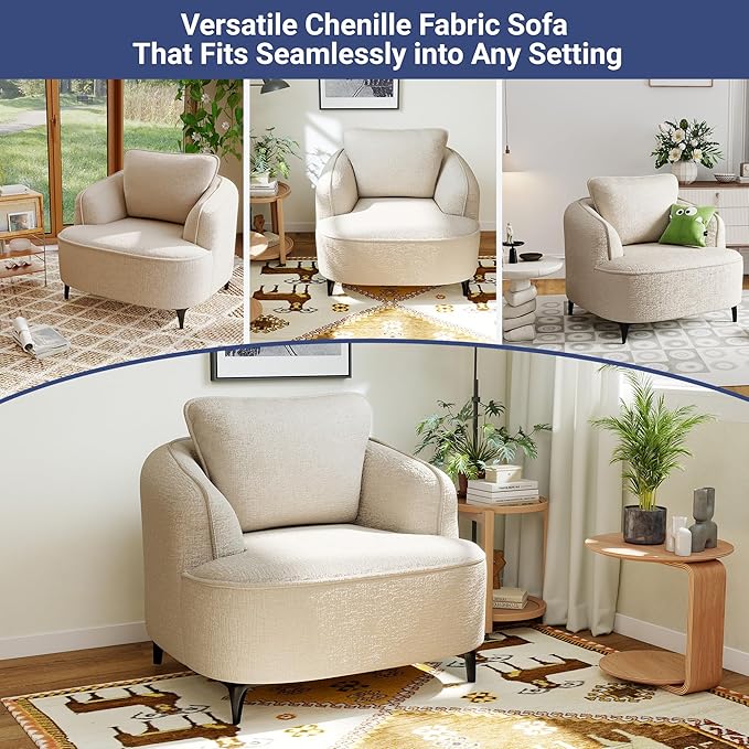 36 Lounge Chair with Metal Leg Accent Chair with Plush Chenille Upholstery Ergonomic Back &amp Boneless Comfort for Living Room Bedroom Office No-Assembly Beige