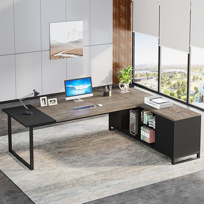 Tribesigns 70.8 Executive Desk with 55 File Cabinet Industrial L Shaped Computer Desk with Storage Shelves and Cabinet Large L Shaped Executive Desk for Home Office Retro Gray &amp Black