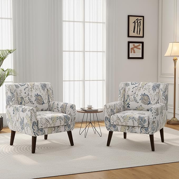 Accent Chair Modern Linen Blend Arm Chair for Living Room Bedroom Comfy High-Resilient Sponge Reading Chair for Small Spaces (Pattern Leaf Set of 1)