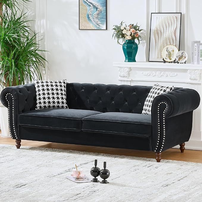 KEIKI Modular Chesterfield Velvet Sofa Couch Set Mid Century Modern 6 Seater Couches w/Roll Armrest &amp Nailhead Comfy Sleeper Cloud SofaBed for Office Apartment Living Room Easy Assembly Black