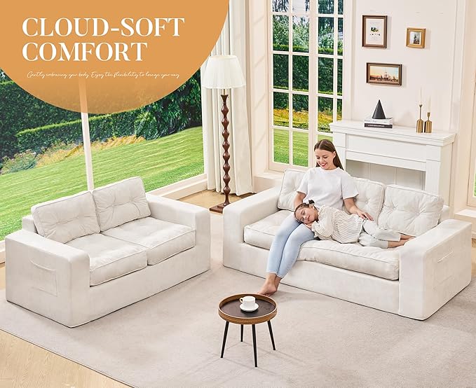 Hobestluk Sofa Couch Loveseat Sofa with Chenille Fabric 2-Seater Sofa for Small Spaces Comfortable Foam Floor Sofa 2 in 1 Boneless Couch for Living Room Bedroom Apartment or Office (Beige Loveseat)