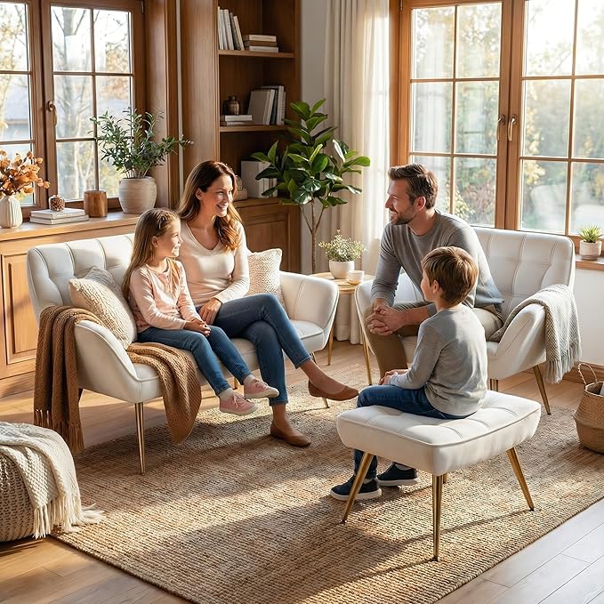 Beige Velvet Accent Chair with Ottoman Modern Reading Chair with Ottoman Set Comfy Fuzzy Armchair Living Room Chair Lounge Chairs with Metal Legs for Small Spaces Bedroom Apartment