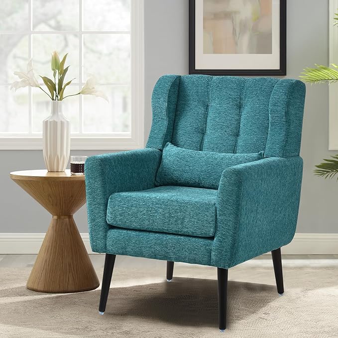 Modern Accent Chair Chenille Fabric Upholstered Tufted Side Wingback ChairMid Century Reading Chair Armchair with Waist Pillow Backrest for Living Room Bedroom (Teal)