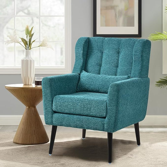 Modern Accent Chair Chenille Fabric Upholstered Tufted Side Wingback ChairMid Century Reading Chair Armchair with Waist Pillow Backrest for Living Room Bedroom (Teal)