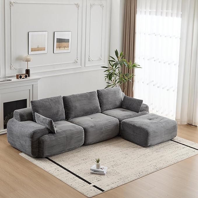 Modular Sectional Sofa Comfy Boneless Cloud Couch with Pillows Pet-Friendly Corduroy Fabric Sectional Couches for Living Room No Assembly Required (Grey 3 Seat)