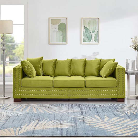 84.5 Wide 3-Seater Velvet Sofa with Storage Mid Century Modern Chesterfield Couch Upholstered Love Seat with Deep Seat &amp Retro Trim Green Velvet Couch for Living Room Office Apartment (Green)