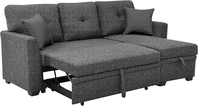76 Linen Blend Convertible Sofa with Pull-Out Bed Stylish Sleeper Couch with Hidden Storage Space 3-Seater Couch with 2 Soft Pillows for Living Rooms Charcoal Black
