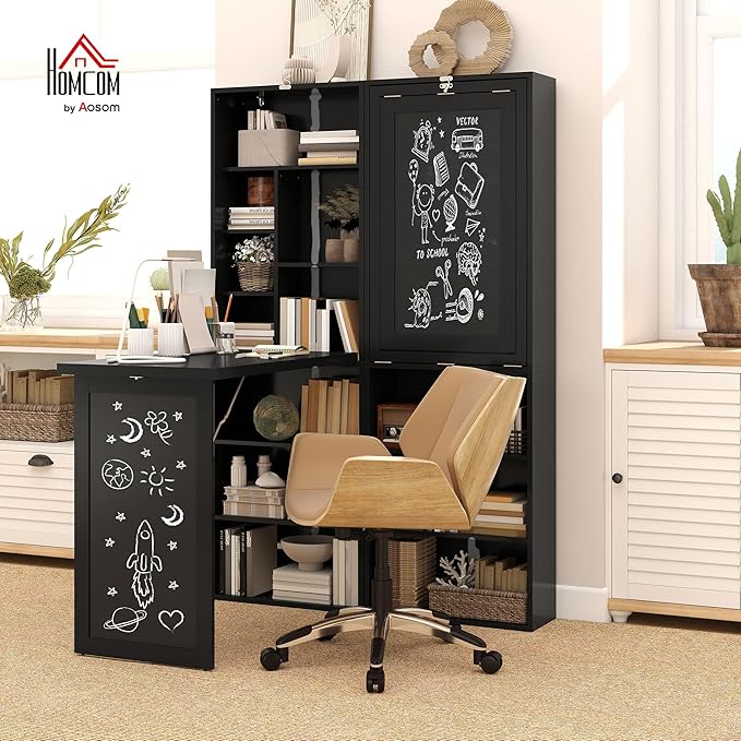 HOMCOM Foldable Convertible Writing Table Wall Mounted Space-Saving Computer Desk with Chalkboard and Storage Shelves for Small Spaces Home Office Bedroom Dorm Apartment Black