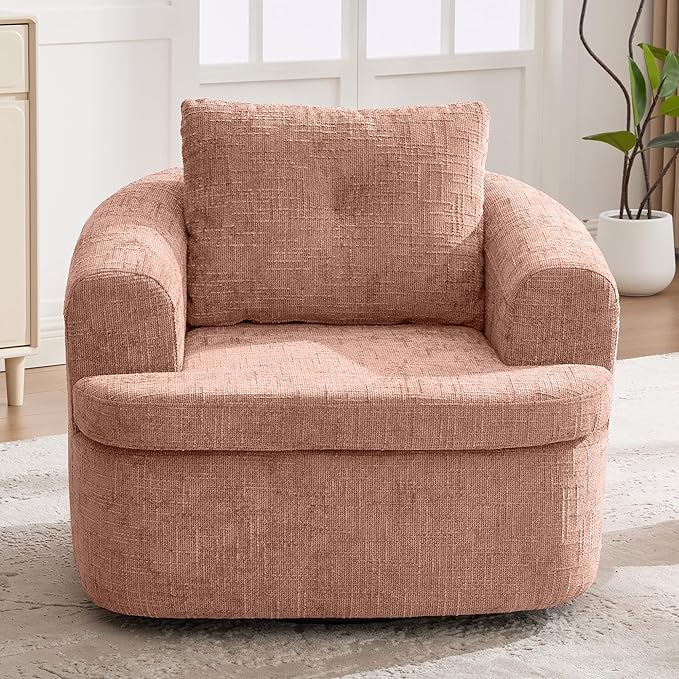 360° Swivel Barrel Accent Chair 36.6 Swivel Round Sofa Chair with Dual-Layer Cushion Design Modern Upholstered Single Sofa for Living Room Bedroom Office and Hotel (Pink 121)