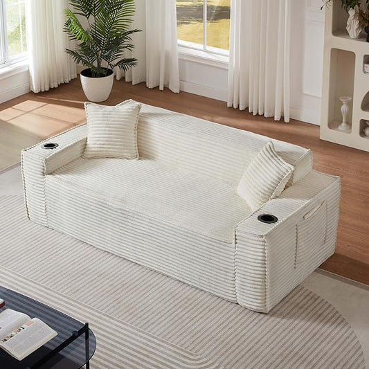 78'' Chenille Modular Loveseat White Boneless Loveseat with 2 Pillows Cloud Couch Love Seats for 2-Seater Upholstered Sectional Sofa for Living Room No Assembly Freely Combinable (80'' White)