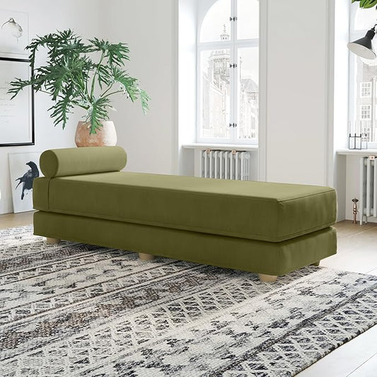 Jaxx Alon Daybed - Fold-Out Sleeper Chaise with Premium Memory Foam Queen-Size Mattress - Made in The USA - Moss