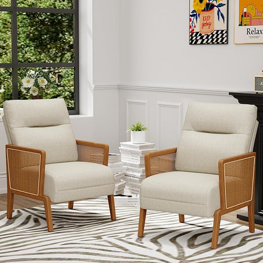 Yongchuang Accent Chair Set of 2 Upholstered Living Room Chairs with Natural Rattan Armrest Modern Linen Side Chairs Armchair for Club Reading Bedroom Ivory