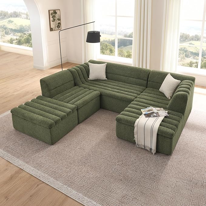 KEIKI 135 U-Shaped Chenille Modular Sectional Sofa with Chaise &amp 1 Ottoman &amp Wave-Shaped Armrest Modern Boneless 5-Seater Couch with Memory Foam Cushion No Assembly Required for Living Roo