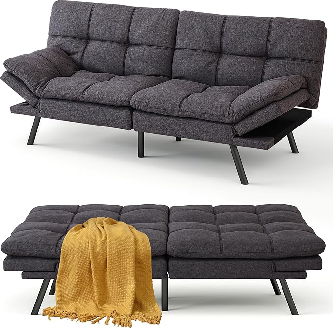 MUUEGM 71 Futon Sofa Bed Comfortable Memory Foam Futons Sofa with Adjustable Backrest &amp Armrests Convertible Loveseat Futon Bed for Compact Living Room Apartment Office Medium Grey