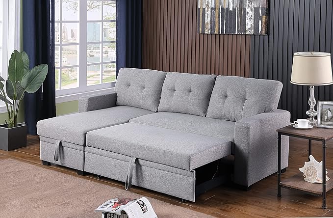 ERYE 82-inch Pull Out Sleeper Couch Bed L-Shaped Reversible Sleeper Sectional Sofa Linen Blend Tufted Upholstered Corner Convertible Sofa Bed with Storage Chaise