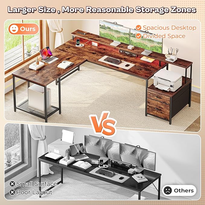PRAISUN 66 L Shaped Gaming Desk with LED Lights &amp Power Outlets Computer Desk with Fabric Drawers and Print Stand Corner Office Desk Monitor Stand Mesh CPU Stand Rustic Brown