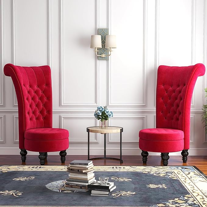 MU Retro High Back Armless Chair Velvet Royal Furniture Chair Upholstered Tufted Accent Seat for Living Room Dressing Room Bedroom Red