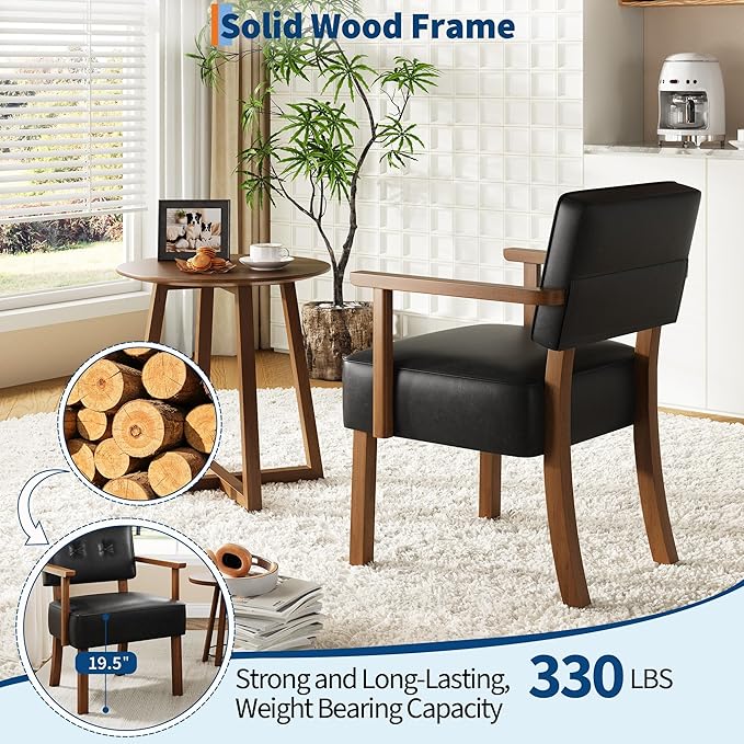 Garvee Mid-Century Accent Chair with Wood Frame. PU Leather Upholstered Lounge Arm Chair with Classic Button Tufting Reading Leisure Chair for Living Room Bedroom Balcony Black