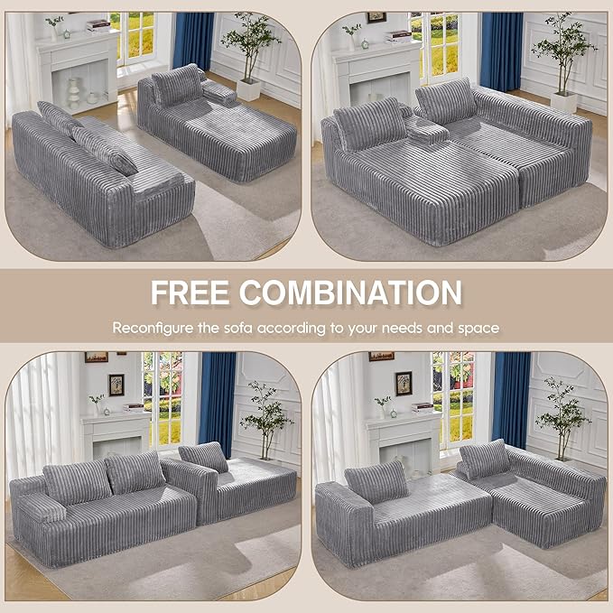 Modular Sectional Sofa Couches L-Shape Couch 3 Seat Modular Sofa Memory Foam Sectional Couches for Living Room Cloud Couch with Oversized Chaise (Light Grey Stripe 108 Right Facing Chaise)