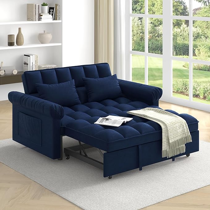 Modern Loveseat Sleeper Sofa with Pull-Out Bed &amp Adjustable Backrest Convertible Sofa Bed with Strong Wood Frame for Small Space Living Room Guest Room Easy Assembly (Blue85)