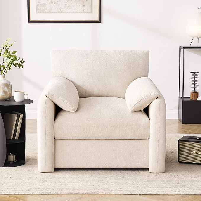 Chenille Oversized Armchair 38.6 Wide Accent Chairs for Living Room &amp Bedroom Modern Lounge Chair Upholstered Mid-Century Reading Chair Comfy Living Room Chair Single Sofa Chair Beige