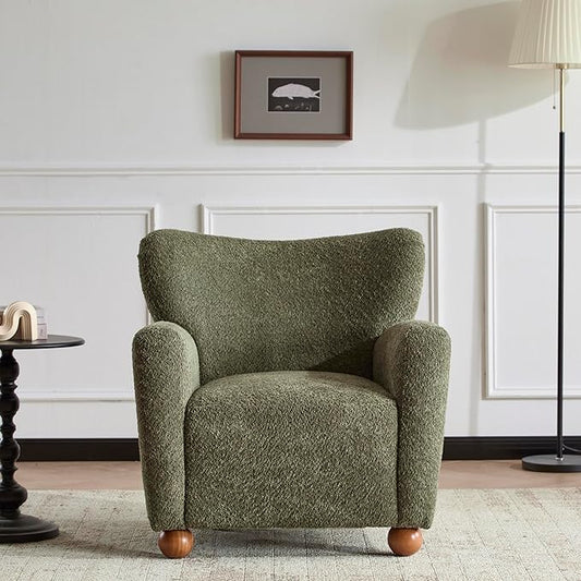 Christopher Knight Home Lindy Wingback Accent Chair Upholstered Armchair with Rounded Wooden Legs Curved Backrest Single Sofa Soft Cushion Seating Comfy Lounge Chair for Living Room Olive Green