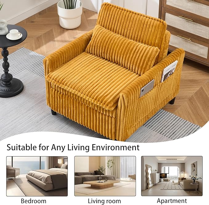 3-in-1 Convertible Sofa Chair BedPull Out Couch Single Sleeper Chair Bedwith Adjustable Backrest with Side Pockets Lounge Sofa for Living Room Bedroom Small Spaces (Yellow)