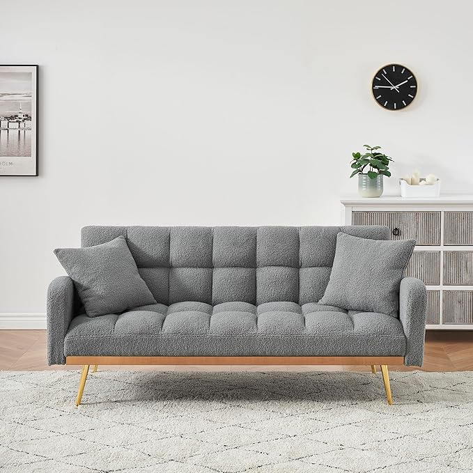 KEIKI 69 Folding Futon Sofa Couch w/Adjustable Backrest Mid Century Modern Loveseat Convertible to Sleeper Bed Small Comfy Teddy Cloud Couch SofaBed for Living Room &amp Bedroom 2 Pillows Gray
