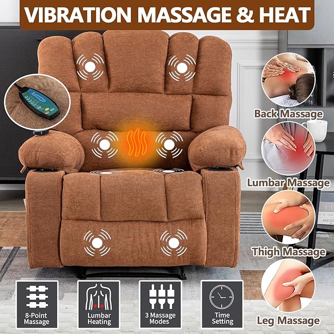 Massage Recliner Chair with Heat Brown Recliner Chair with Cup Holder for Adults Manual Reclining Chairs Large &amp Oversized Recliners for Living Room Fabric Heavy Duty (Brown)