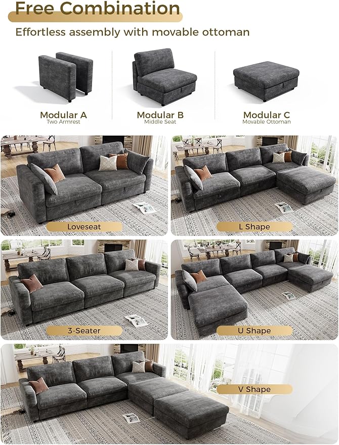 KKL Modular Sectional Couches for Living Room Chenille 5 Seater Sofa Couch with Adjustable Backrest Sofa Couch with Comfy Cushion Dark Grey
