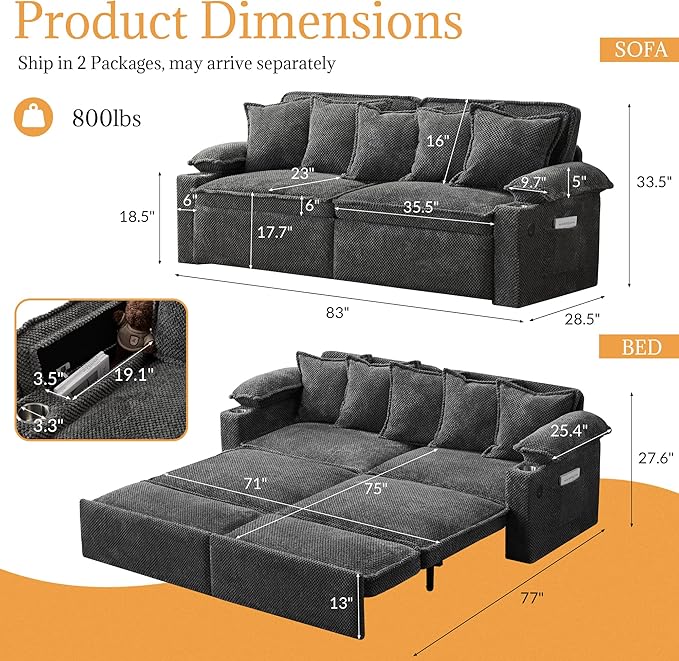 83 King Size Pull Out Sofa Bed 4-in-1 Convertible Sleeper Sofa Bed with USB Ports Cup Holders Side Pockets Corduroy Pull Out Couch Loveseat Chaise for Living Room Small Space (Dark Gray)