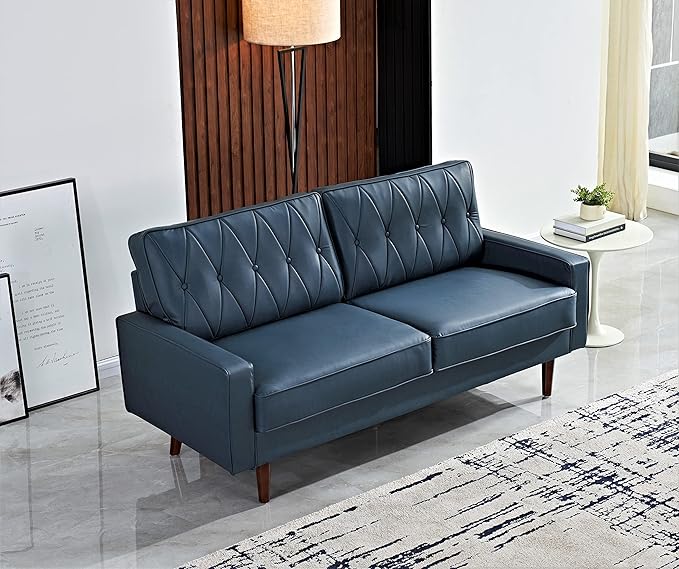 Container Furniture Modern Style Faux Leather Sofa with Elegant Round Tapered Legs and Button Tufted Backrest Perfect for Living Room Bedroom or Home Office 69.3’’ Wide Blue