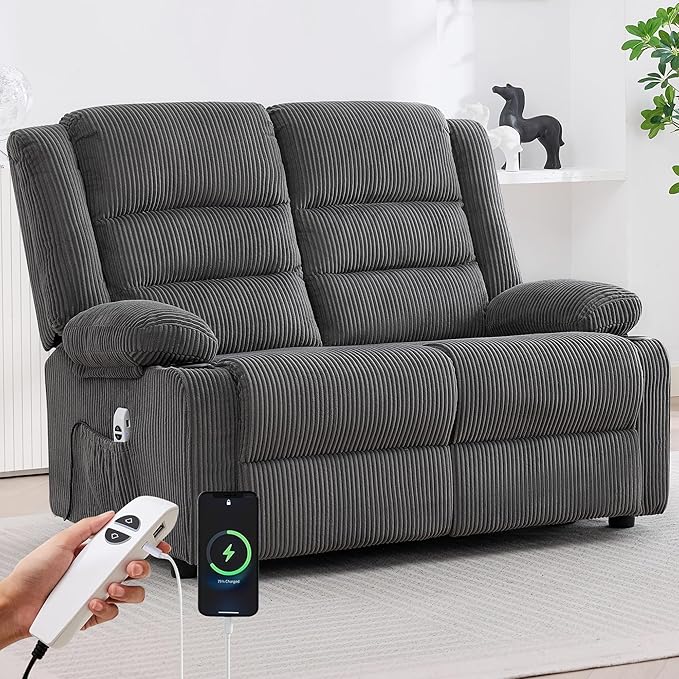 52Inch Power Loveseat ReclinerElectric Reclining Loveseat SofaAdjustable Love seat Recliner Sofa for Living RoomBedroom with Charging Ports(Striped Gray loveseat)