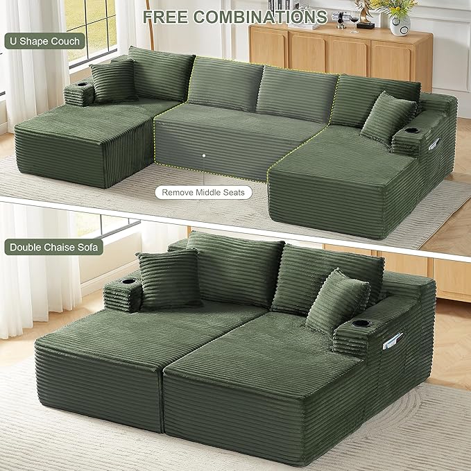 KIVENJAJA 133.5 Oversized U Shaped Sectional Cloud Couch Corduroy Modular Sectional Sofa with Cup Holders &amp Side Pockets Modern Deep Seat Boneless Couches for Living Room Apartment Green