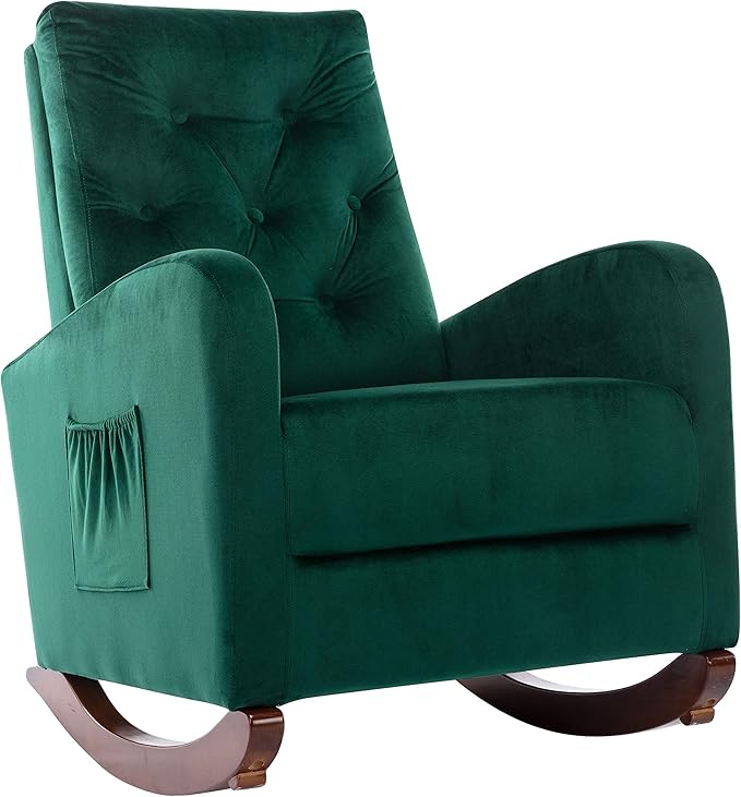 Cozy Velvet Reclining Rocking Chair with Side Storage Pocket Comfortable Button Tufted Rocker Elegant and Functional Rocking Recliner Chair Ideal for Living Room &amp Nursery Emerald