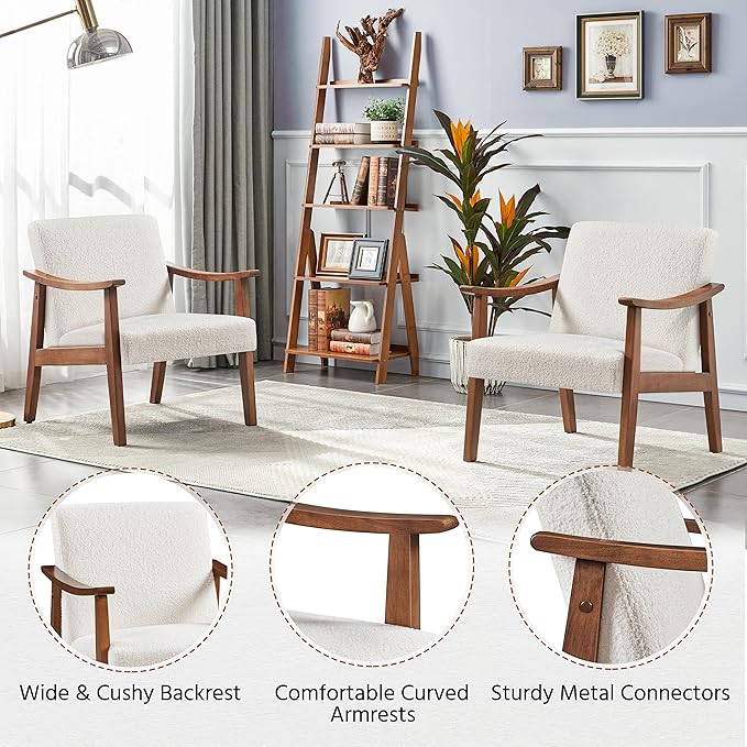 Yaheetech Fabric Accent Chair Mid-Century Modern Armchair with Solid Wood Legs Reading Leisure Chair with High Back for Living Room Bedroom Waiting Room Set of 2 Ivory