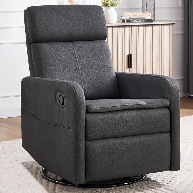Swivel Rocking Recliner Chair for Adults Rocker Nursery Glider Chair for Living Room Bedroom Upholstered Fabric Reclining Single Sofa Chair(Grey)