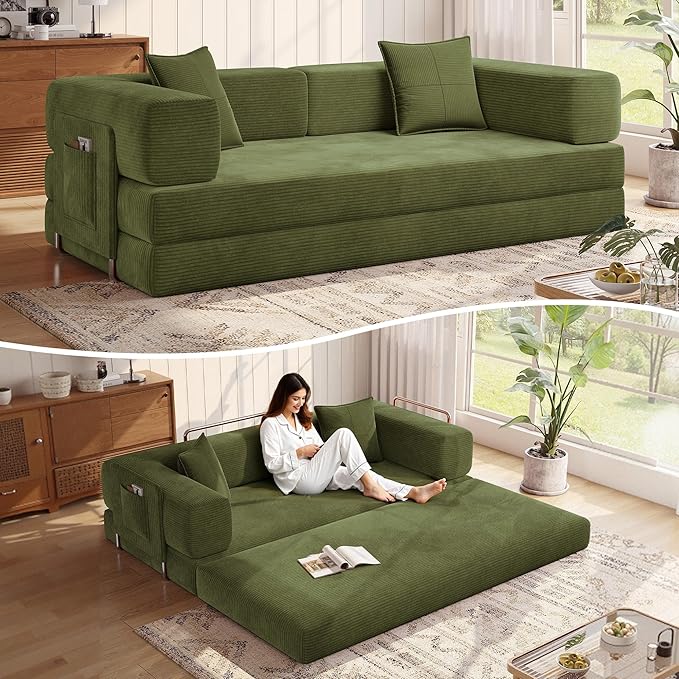 MoonSpeak 78.8''Sleeper Couch Bed for LivingroomConvertible Modular Sofa with Armrest PillowModular Foldable Corduroy Couches in a BoxNo Assembly (Green)