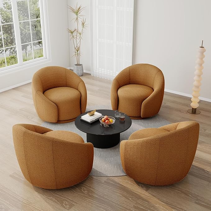 Swivel Barrel Accent Chair 360° Small Round Sofa Chair Comfy Modern Reading Armchair for Living Room Bedroom (Boucle Rusted Orange Set of 2)