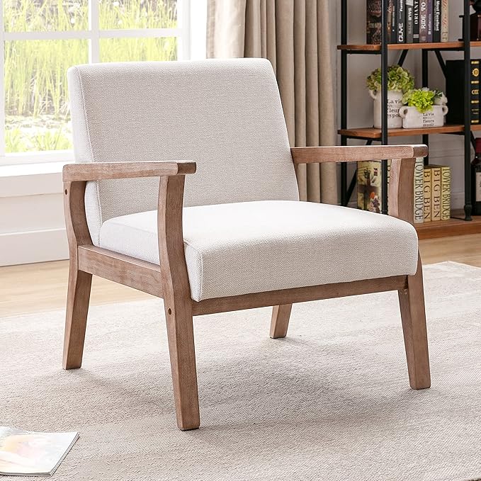 Mid Century Modern Accent Chairs Set of 2 Linen Upholstered Armchairs Comfy Living Room Chairs Single Fabric Lounge Chairs Reading Chairs with Natural Solid Wood Frame Beige